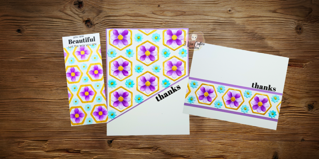 Altenew's Botanical Honeycomb Embossing Folder and coordinating Coloring Stencil Set used to create two cards from one 6x6" card panel and a bookmark